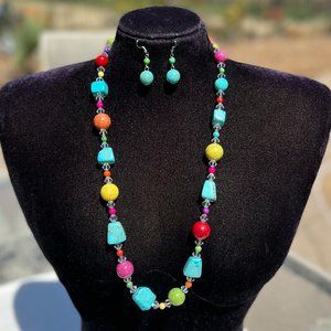 Agate Bead Crystal & Turquoise Stone Ocean Beach Vibe Necklace Earrings Boho Set